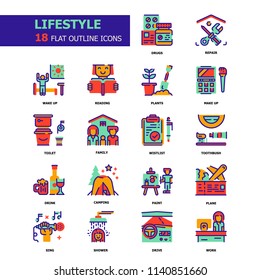 Lifestyle Flat Outline icons.Lifestyle and hobby Concept Thin line icons.