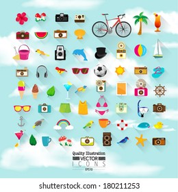 Lifestyle Flat Vector Icon Set : Summer, Hipster, Vintage, Camera, Beach, Sky, Holiday, etc.