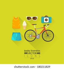 Lifestyle Flat Vector Icon Set : Bicycle, Sunglasses, Ice cream, Camera etc.