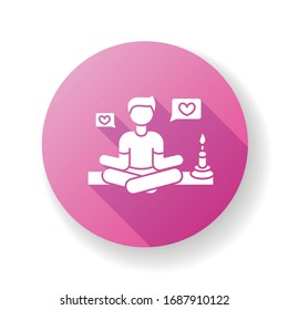 Lifestyle guru pink flat design long shadow glyph icon. Person in meditation pose getting likes. Harmony and stress relief. Life coach. Zen and yoga. Silhouette RGB color illustration
