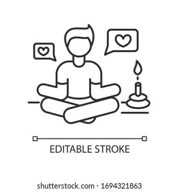 Lifestyle guru pixel perfect linear icon. Person in meditation pose getting likes. Stress relief. Thin line customizable illustration. Contour symbol. Vector isolated outline drawing. Editable stroke