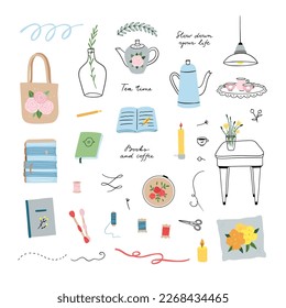 Lifestyle hand drawn clipart. Home objects vector set. Sewing, reading books, interior objects. Hobby vector illustrations