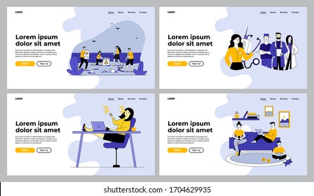 Lifestyle and healthcare set. People collecting garbage, smoking at work, medical team. Flat vector illustrations. Voluntary, unhealthy habits concept for banner, website design or landing web page