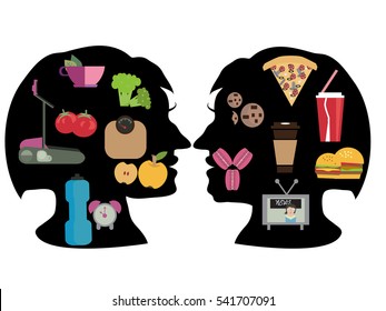lifestyle - healthy and harmful. Fast-food or healthy food, vegetarian concept. Two silhouette head girl of her way of life