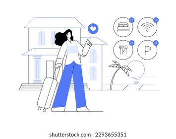 Lifestyle hotel abstract concept vector illustration. Hospitality industry, cutting-edge resort, online booking, traveler review, free breakfast, wi-fi and parking, sea shore abstract metaphor.