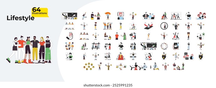 Lifestyle human relationships cartoon flat illustrations mega bundle. Archetypes. Smartphone addiction. Protest. Daily routine 2D images isolated on white. Collection vector drawings colorful