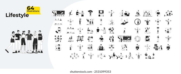 Lifestyle human relationships outline illustrations mega bundle. Archetypes. Smartphone addiction. Protest. Daily routine 2D linear images isolated. Collection black and white vector drawings