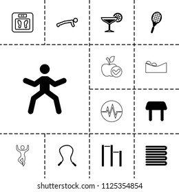 Lifestyle icon. collection of 13 lifestyle filled and outline icons such as towels, table, skipping rope, cocktail, tennis rocket. editable lifestyle icons for web and mobile.