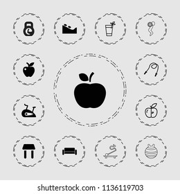 Lifestyle icon. collection of 13 lifestyle filled and outline icons such as spa stone, apple, exercise bike, skipping rope. editable lifestyle icons for web and mobile.