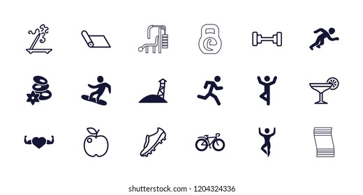 Lifestyle icon. collection of 18 lifestyle filled and outline icons such as spa stones, heart with muscles, bicycle, snowboard. editable lifestyle icons for web and mobile.