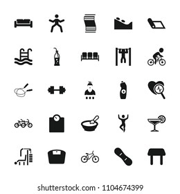 Lifestyle icon. collection of 25 lifestyle filled icons such as sofa, porridge, table, spa stone, jump rope, family bicycle. editable lifestyle icons for web and mobile.