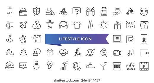 Colección de iconos de estilo de vida. Relacionado con estilo de vida saludable, dieta, ejercicio, sueño, relaciones, correr, rutina, autocuidado, cultura e iconos de aficiones. Conjunto de iconos de línea.