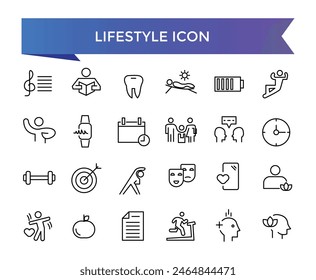 Colección de iconos de estilo de vida. Relacionado con estilo de vida saludable, dieta, ejercicio, sueño, relaciones, correr, rutina, autocuidado, cultura e iconos de aficiones. Conjunto de iconos de línea.