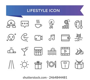 Colección de iconos de estilo de vida. Relacionado con estilo de vida saludable, dieta, ejercicio, sueño, relaciones, correr, rutina, autocuidado, cultura e iconos de aficiones. Conjunto de iconos de línea.