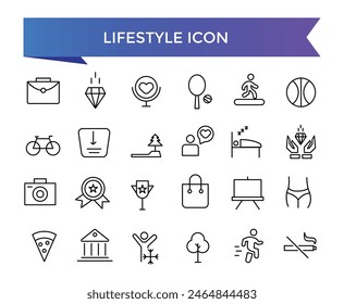 Colección de iconos de estilo de vida. Relacionado con estilo de vida saludable, dieta, ejercicio, sueño, relaciones, correr, rutina, autocuidado, cultura e iconos de aficiones. Conjunto de iconos de línea.