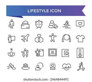 Colección de iconos de estilo de vida. Relacionado con estilo de vida saludable, dieta, ejercicio, sueño, relaciones, correr, rutina, autocuidado, cultura e iconos de aficiones. Conjunto de iconos de línea.