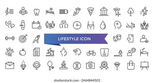 Colección de iconos de estilo de vida. Relacionado con estilo de vida saludable, dieta, ejercicio, sueño, relaciones, correr, rutina, autocuidado, cultura e iconos de aficiones. Conjunto de iconos de línea.