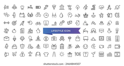 Colección de iconos de estilo de vida. Relacionado con estilo de vida saludable, dieta, ejercicio, sueño, relaciones, correr, rutina, autocuidado, cultura e iconos de aficiones. Conjunto de iconos de línea.