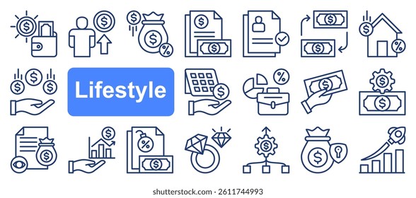 Lifestyle icon collection set. payment, budget, finance, business, management, capital, investment.	