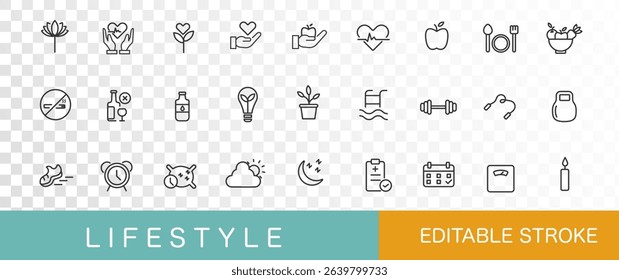 Lifestyle icon . Exercise, no smoke, etc.Thin line. Minimalist . Editable stroke. Simple design. Set collection icons. Vector illustration