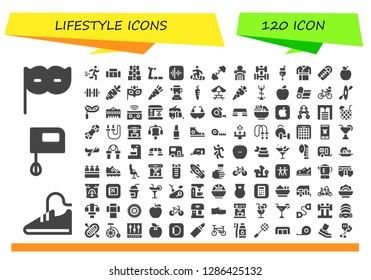  lifestyle icon set. 120 filled lifestyle icons. Simple modern icons about  - Eye mask, Sport shoes, Mixer, Runner, Sofa, Dumbbell, Treadmill, Apple, Snowboard, Barbell, Cocktail