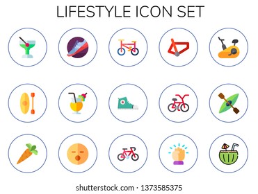 lifestyle icon set. 15 flat lifestyle icons.  Simple modern icons about  - cocktail, kayak, gym shoes, Cocktail, bicycle, shoe, stationary bike, carrot, sleep, bike, motivation