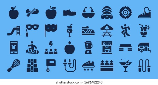 lifestyle icon set. 32 filled lifestyle icons. on blue background style Simple modern icons such as: Apple, Toboggan, Fashion, Mixer, Kayak, Eye mask, Snowboard, Dumbbell, Motivation