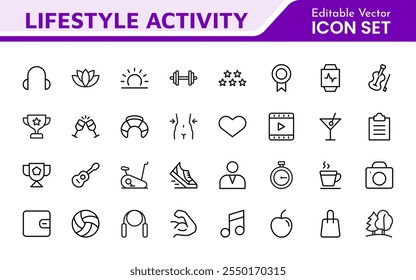 Lifestyle Icon Set. A chic and versatile collection of icons representing wellness, hobbies, daily living, lifestyle, and personal growth.