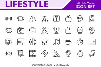 Lifestyle Icon Set. A chic and versatile collection of icons representing wellness, hobbies, daily living, lifestyle, and personal growth.