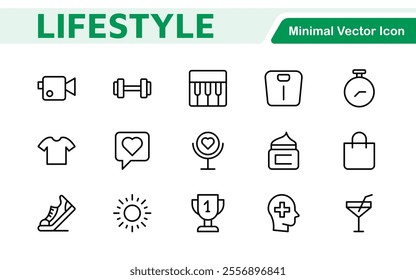 Lifestyle Icon Set. A chic and versatile collection of icons representing wellness, hobbies, daily living, lifestyle, and personal growth.