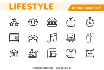 Lifestyle Icon Set. A chic and versatile collection of icons representing wellness, hobbies, daily living, lifestyle, and personal growth.