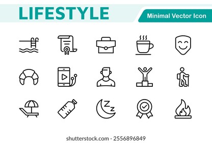 Lifestyle Icon Set. A chic and versatile collection of icons representing wellness, hobbies, daily living, lifestyle, and personal growth.