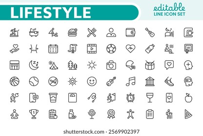 Lifestyle Icon Set. A chic and versatile collection of icons representing wellness, hobbies, daily living, lifestyle, and personal growth.