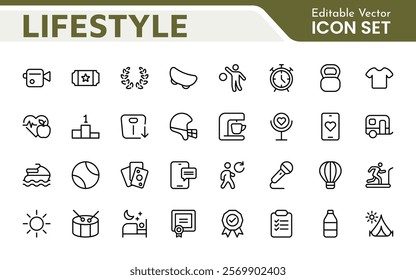 Lifestyle Icon Set. A chic and versatile collection of icons representing wellness, hobbies, daily living, lifestyle, and personal growth.