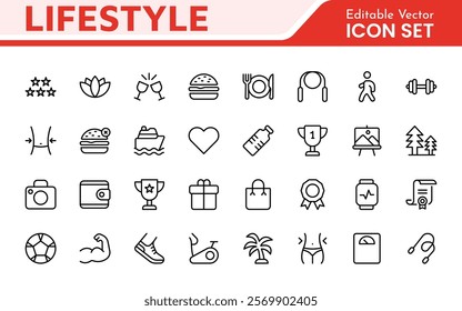 Lifestyle Icon Set. A chic and versatile collection of icons representing wellness, hobbies, daily living, lifestyle, and personal growth.