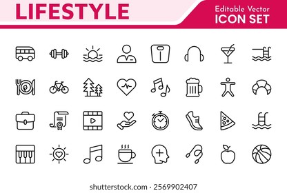 Lifestyle Icon Set. A chic and versatile collection of icons representing wellness, hobbies, daily living, lifestyle, and personal growth.