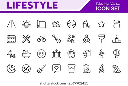 Lifestyle Icon Set. A chic and versatile collection of icons representing wellness, hobbies, daily living, lifestyle, and personal growth.