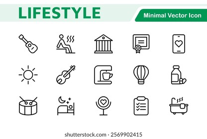 Lifestyle Icon Set. A chic and versatile collection of icons representing wellness, hobbies, daily living, lifestyle, and personal growth.