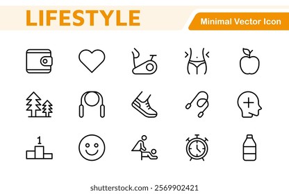 Lifestyle Icon Set. A chic and versatile collection of icons representing wellness, hobbies, daily living, lifestyle, and personal growth.