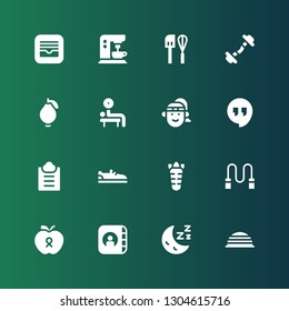 lifestyle icon set. Collection of 16 filled lifestyle icons included Bosu ball, Sleep, Apple, Skipping rope, Carrot, Shoe, Guest list, Hangout, Athlete, Weightlifting, Guava, Dumbbell