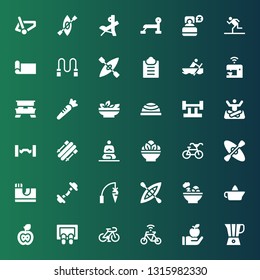 lifestyle icon set. Collection of 36 filled lifestyle icons included Blender, Apple, Bicycle, Doormat, Citrus juicer, Salad, Kayak, Carrot, Dumbbell, Skate park, Meditation, Skii