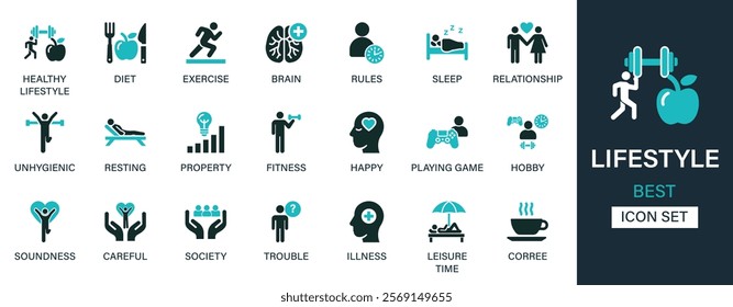 Lifestyle icon set collection. Healthy, diet, exercise, brain, rules, sleep, relationship, unhygienic, resting, property, fitness, happy, and best solid icon set.