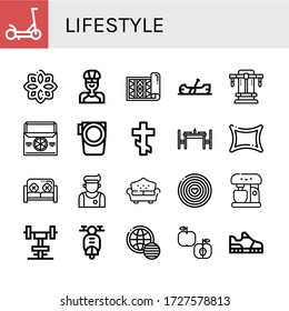 lifestyle icon set. Collection of Scooter, Rune, Cyclist, Carpet, Canoe, Bench press, Thermo bag, Paddle, Orthodox cross, Dinning table, Sofa, Athlete, World pride day, Mixer icons