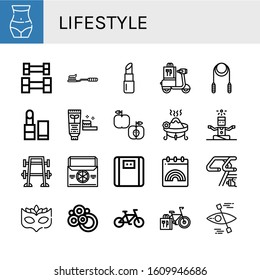lifestyle icon set. Collection of Waist, Weightlifting, Tooth Brush, Lipstick, Scooter, Skipping rope, Toothpaste, Apple, Incense, Yoga, Bench press, Thermo bag, Bathroom scale icons