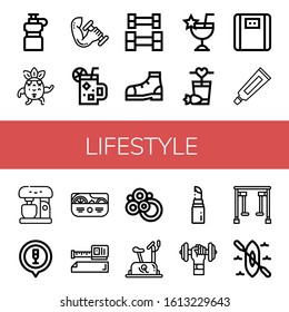 lifestyle icon set. Collection of Water bottle, Strong, Dumbbell, Cocktail, Weightlifting, Shoe, Bathroom scale, Toothpaste, Mixer, Salad, Measure tape, Carpet, Stationary bike icons