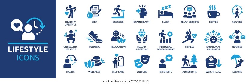 Lifestyle icon set. Containing healthy lifestyle, diet, exercise, sleep, relationships, running, routine, self-care, culture and hobbies icons. Solid icon collection.