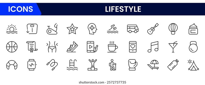 Lifestyle icon set. Containing healthy lifestyle, diet, exercise, sleep, relationships, running, routine, self-care, culture and hobbies icons.