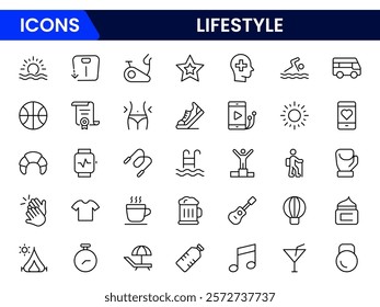 Lifestyle icon set. Containing healthy lifestyle, diet, exercise, sleep, relationships, running, routine, self-care, culture and hobbies icons.