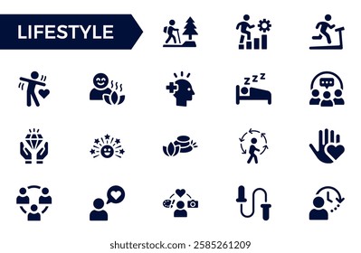 Lifestyle icon set. Containing healthy lifestyle, diet, exercise, sleep, relationships, running, routine, self-care, culture and hobbies icons. Solid icon collection.