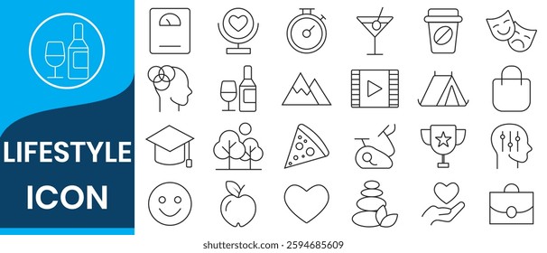 Lifestyle icon set. Containing healthy lifestyle, diet, exercise, sleep, relationships, running, routine, self-care, culture and hobbies icons.